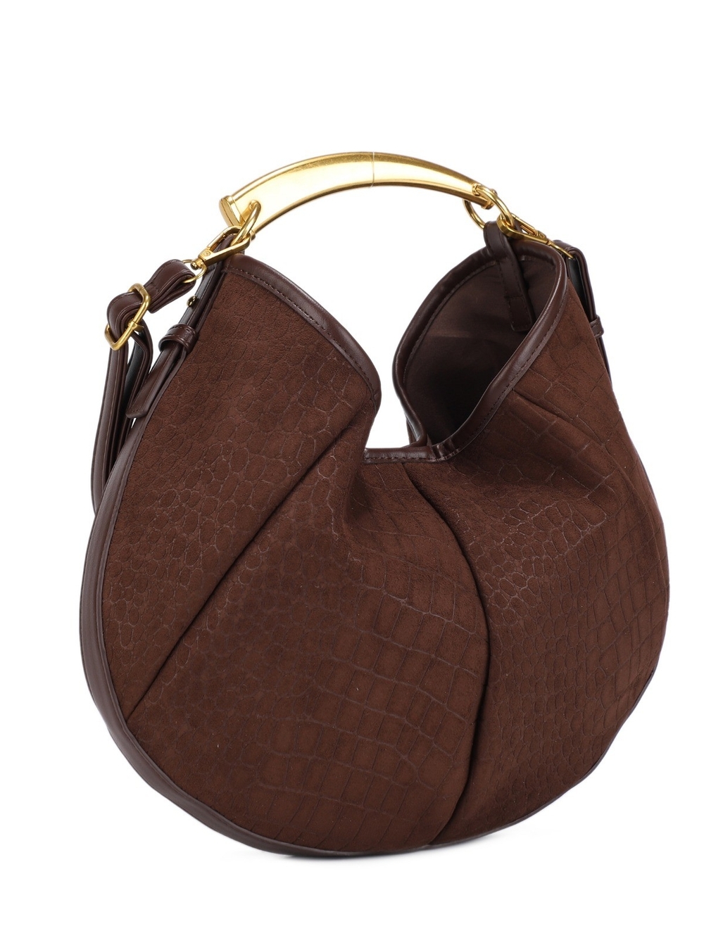 Brown Croc-Texture Suede Hobo Bag with Gold Handle